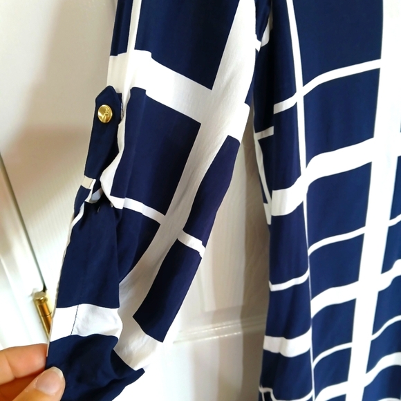 Cynthia Rowley Women's 3/4 Length Sleeve Navy And White Plaid Shirt Dress Size 8 - Picture 4 of 6